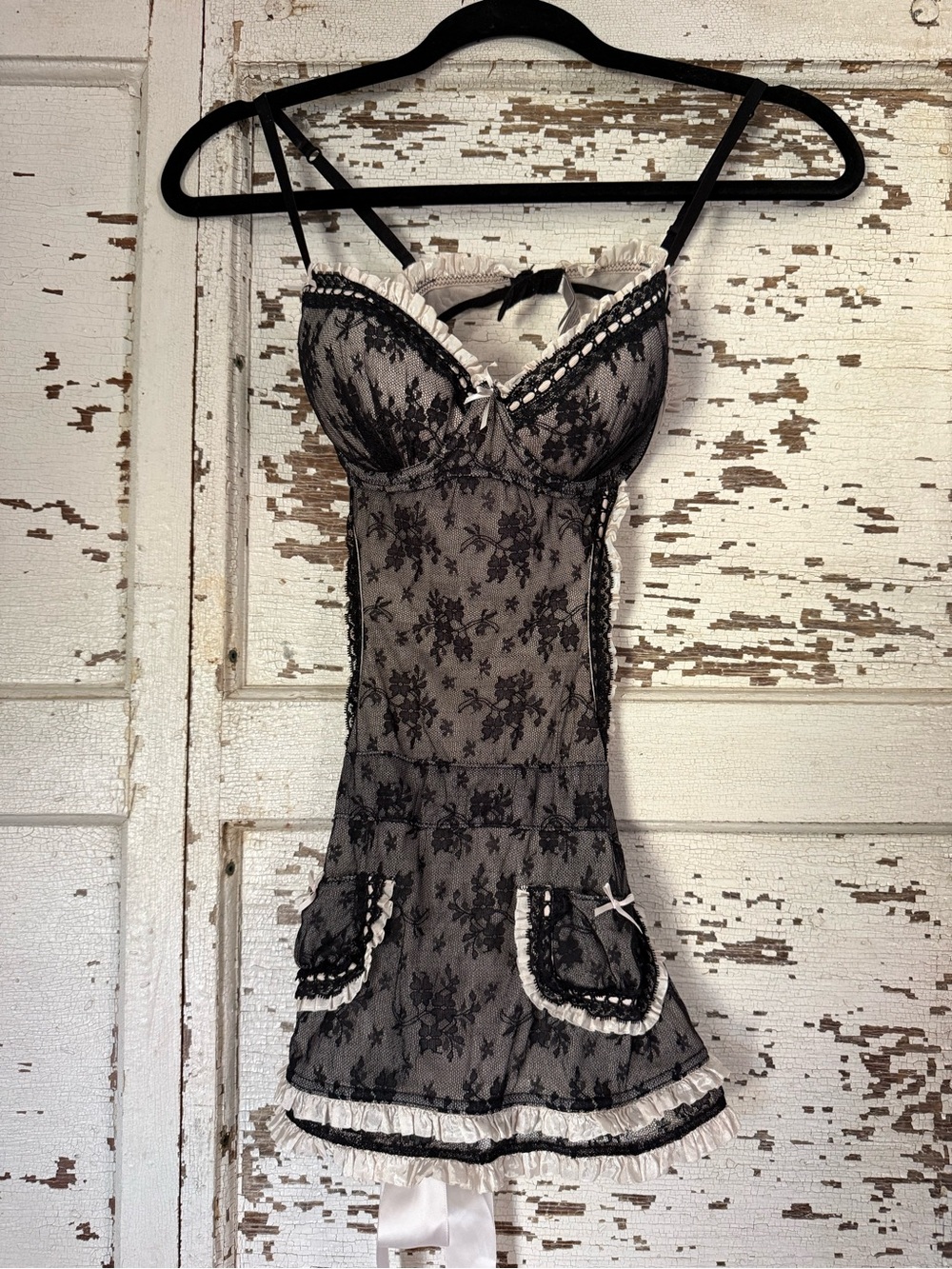 Victoria's Secret Black Lace Chemise with Ivory Trim